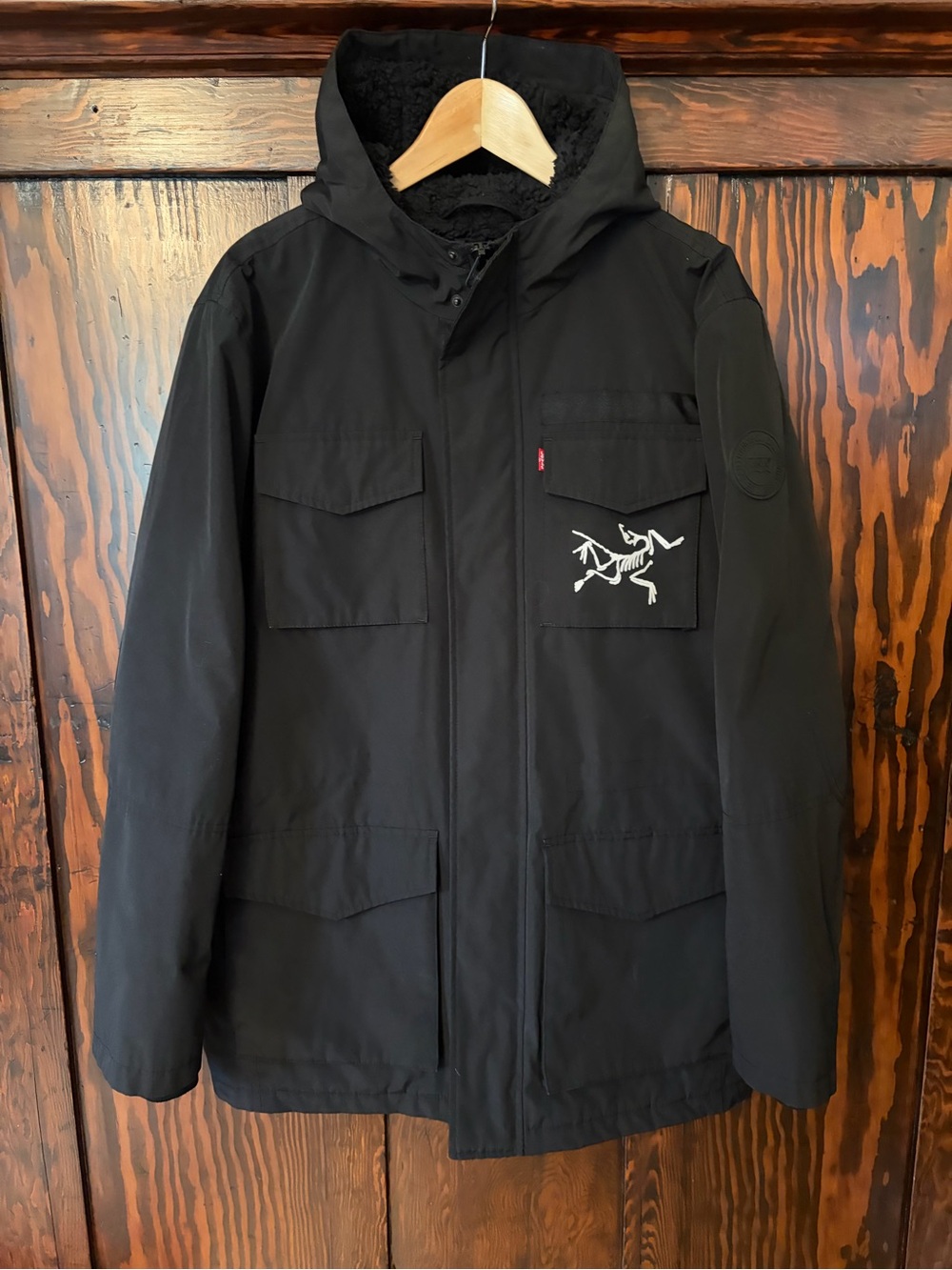 Levi's Black Hooded Field Jacket with White Chest Graphic